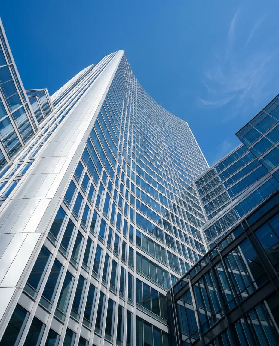 A sweeping glass and steel facade against a clear blue sky